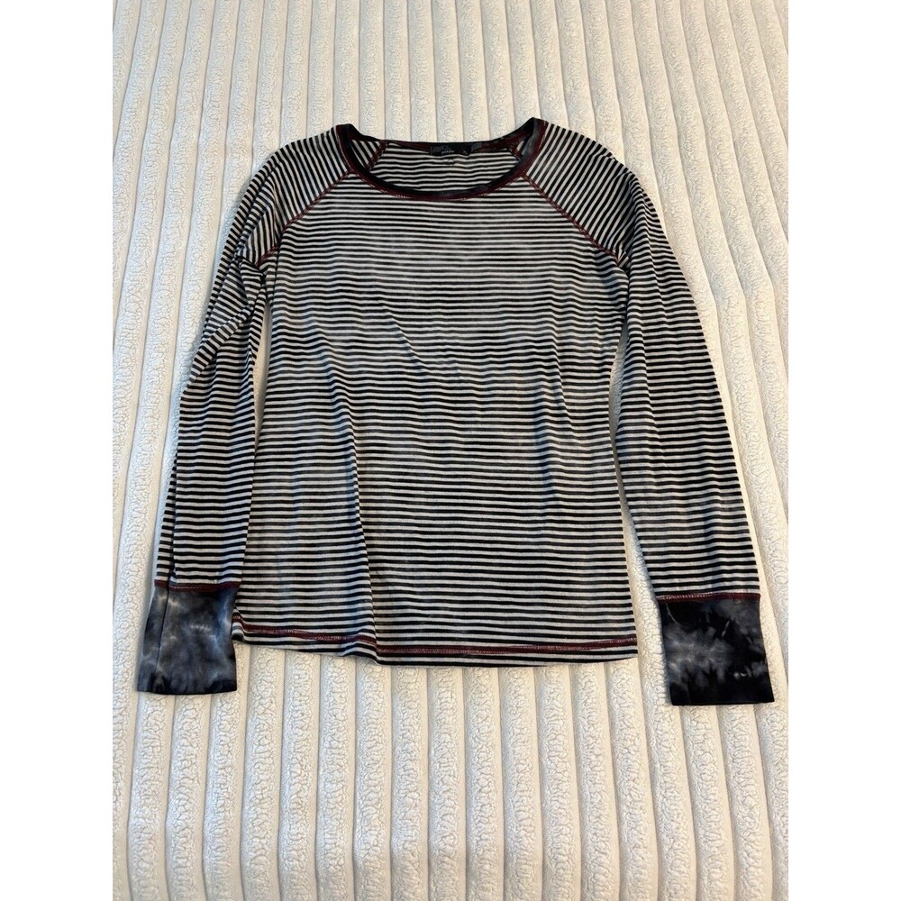 prAna Striped Pullover Long Sleeve Shirt Womens XL Black White Red Acid Dye Emo